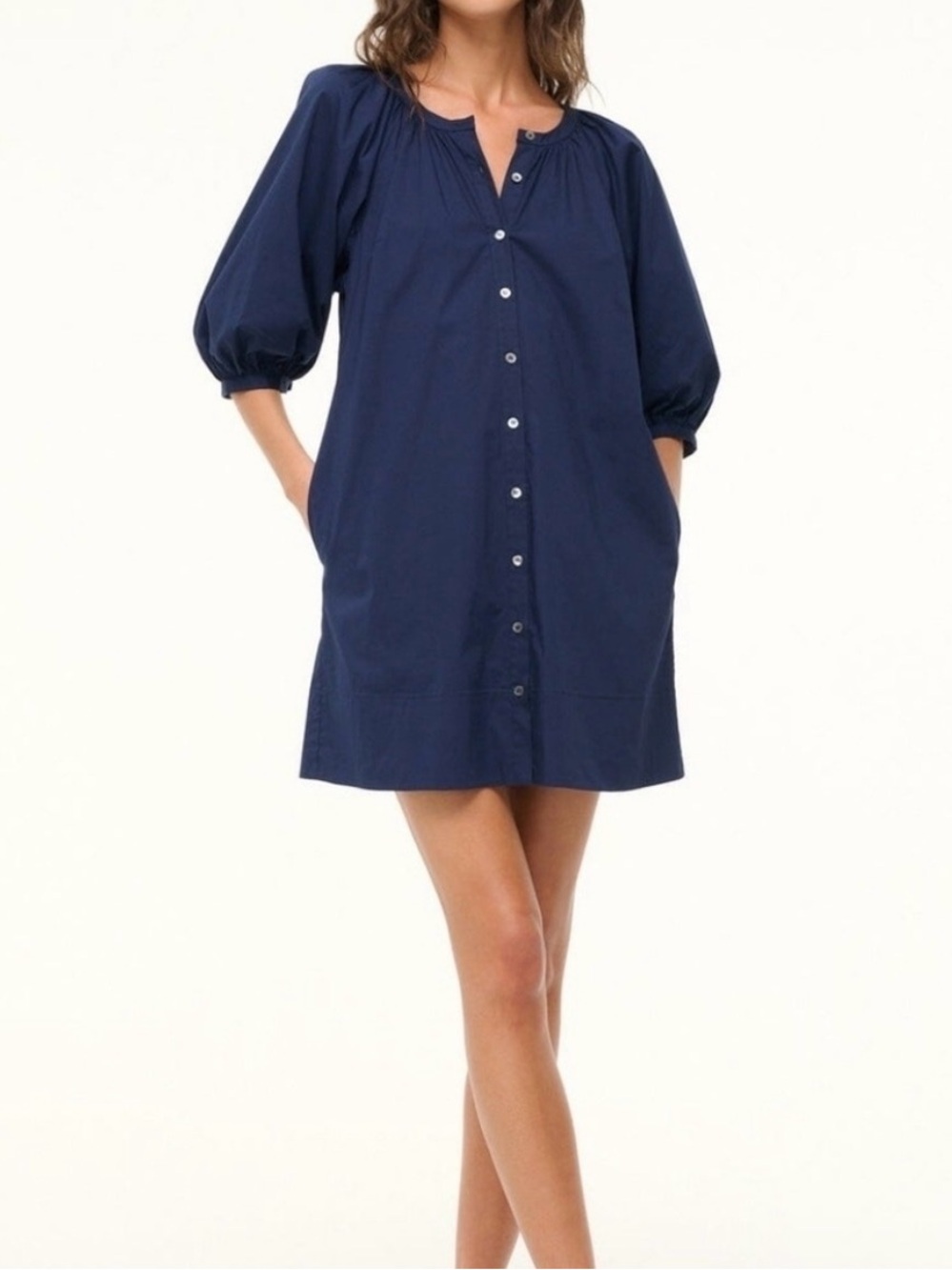 Staud Navy Blue Poplin Cotton Puff Sleeve Button-Up Mini Vincent Shirt Dress L